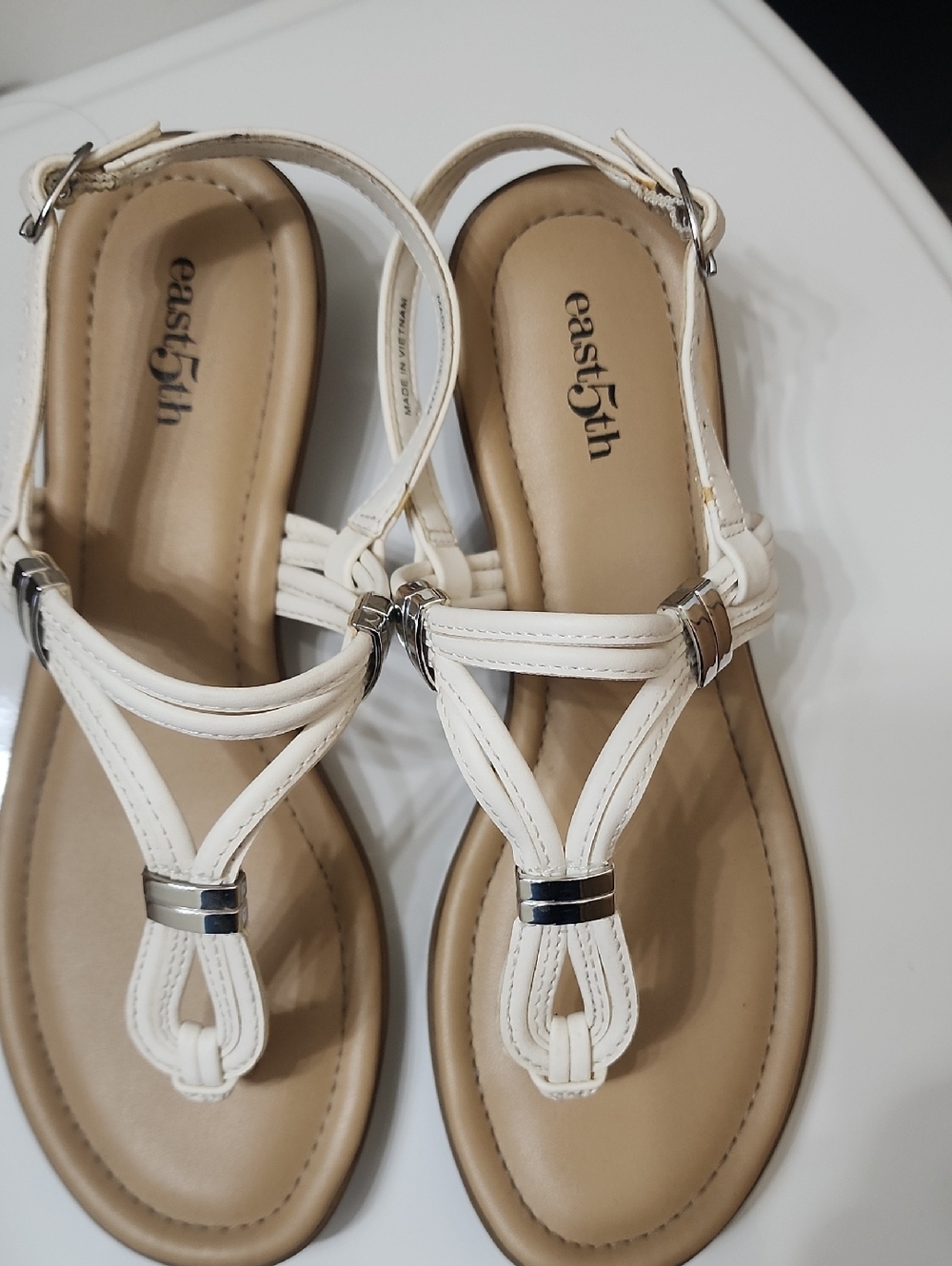 East 5th White and Tan T-Strap Sandals